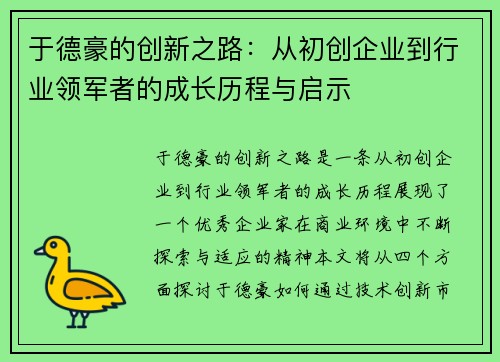 于德豪的创新之路：从初创企业到行业领军者的成长历程与启示